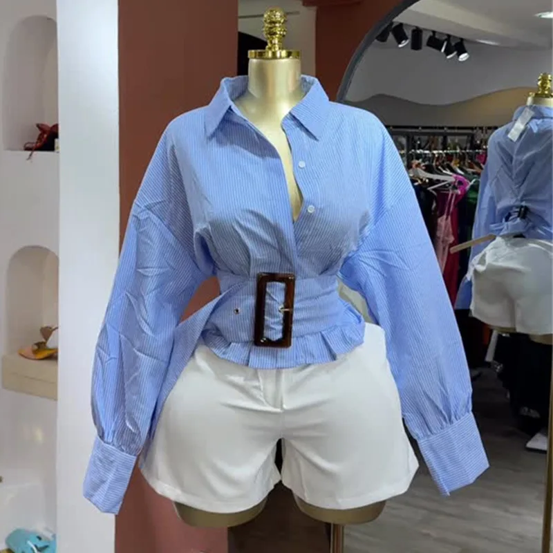 2026 autumn new design lapel collar waist strap short striped long-sleeved shirt
2026 autumn new design lapel collar waist strap short striped long-sleeved shirt