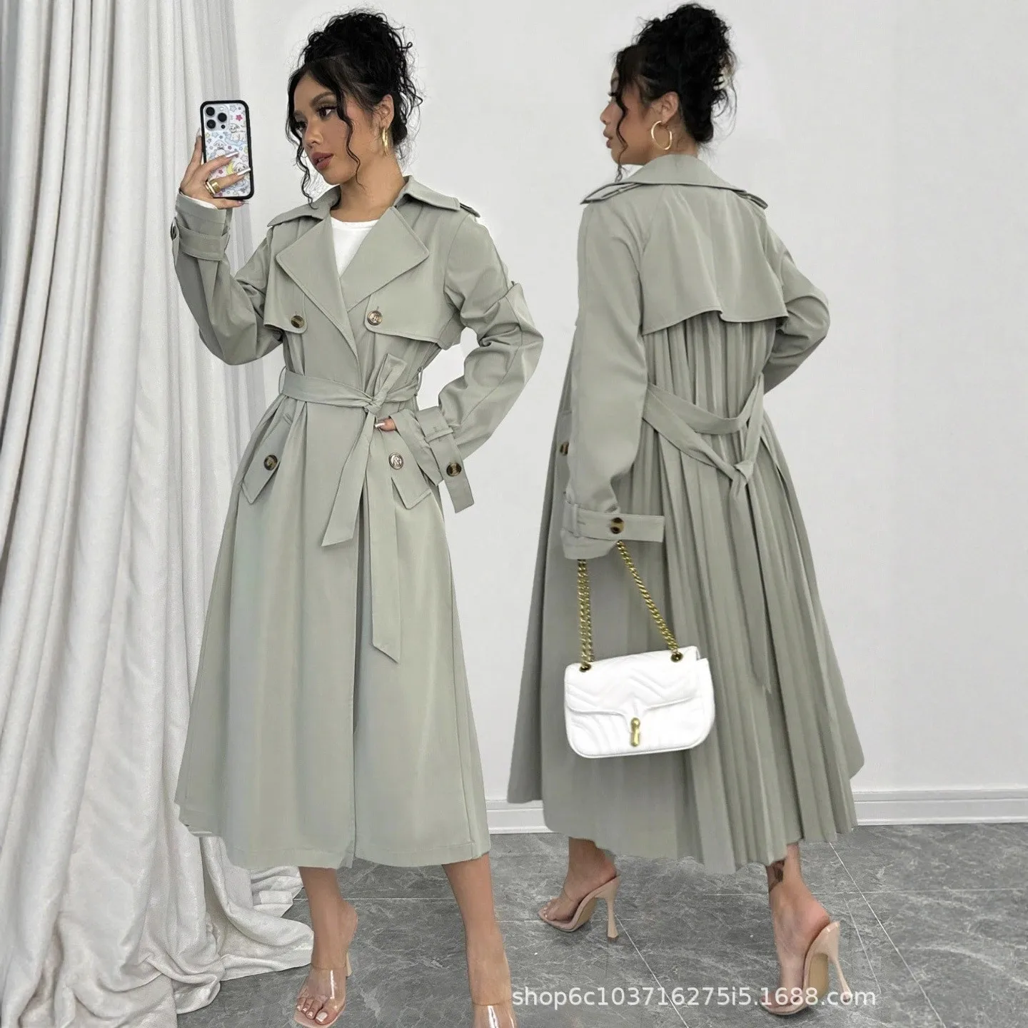 Women Trench Coat Sage Green Stand Collar Trench Double Breasted Belted Waist Raincoat Midi Length Front Pockets Long Coat
Women Trench Coat Sage Green Stand Collar Trench Double Breasted Belted Waist Raincoat Midi Length Front Pockets Long Coat