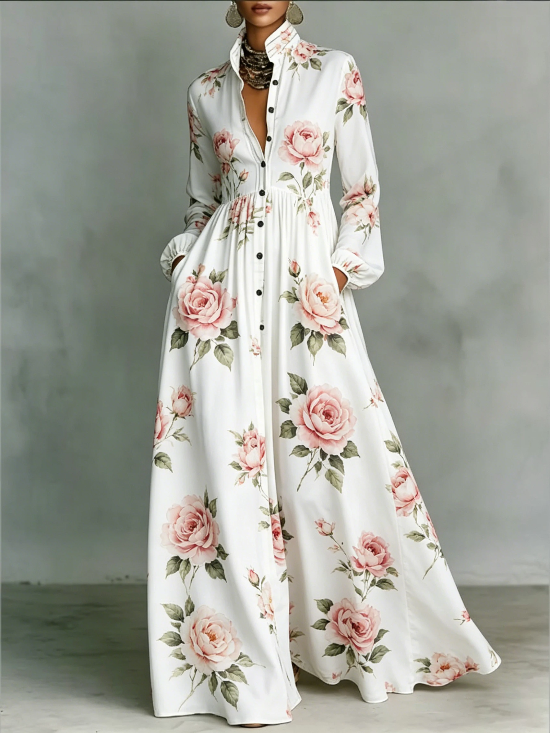 Women Rose Floral Print Maxi Dress Stand Collar Long Sleeve Single Breasted High Waist Casual Elegant Long Dress with Pockets
Women Rose Floral Print Maxi Dress Stand Collar Long Sleeve Single Breasted High Waist Casual Elegant Long Dress with Pockets