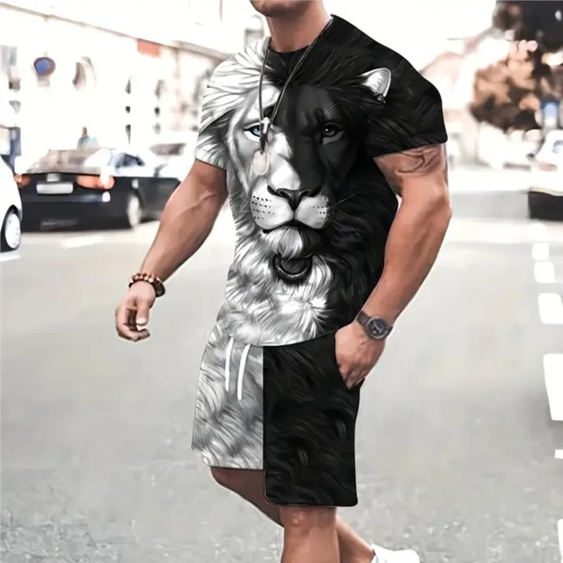 Summer New Beast Lion Pattern Men's Shorts Suit Casual Street T-Shirt Shorts Set 3D Color Blocking Printing O-Neck Sports Suit
Summer New Beast Lion Pattern Men's Shorts Suit Casual Street T-Shirt Shorts Set 3D Color Blocking Printing O-Neck Sports Suit