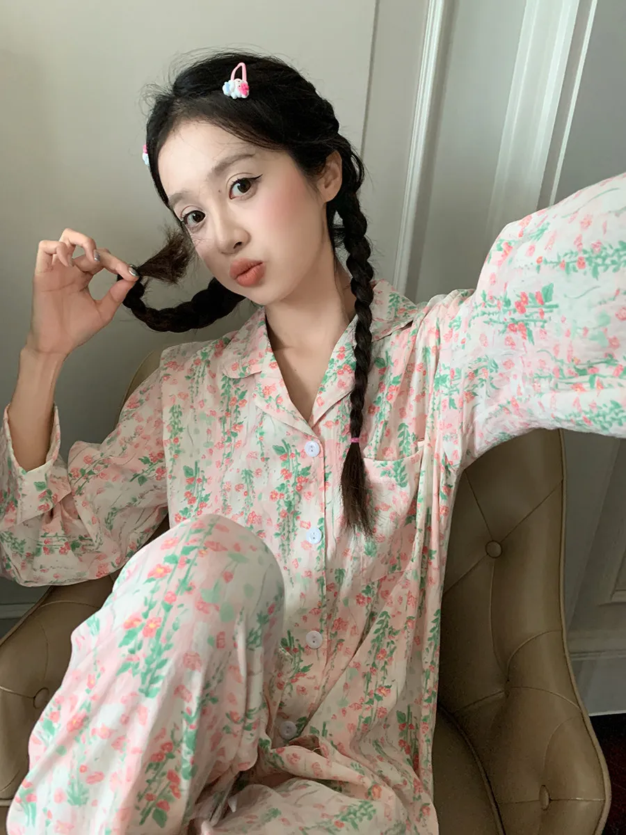 Korean Style Long Sleeve Collared Sleepwear Women's Spring Autumn Floral Print Home Clothes Set Sweet Home Living Outfit
Korean Style Long Sleeve Collared Sleepwear Women's Spring Autumn Floral Print Home Clothes Set Sweet Home Living Outfit