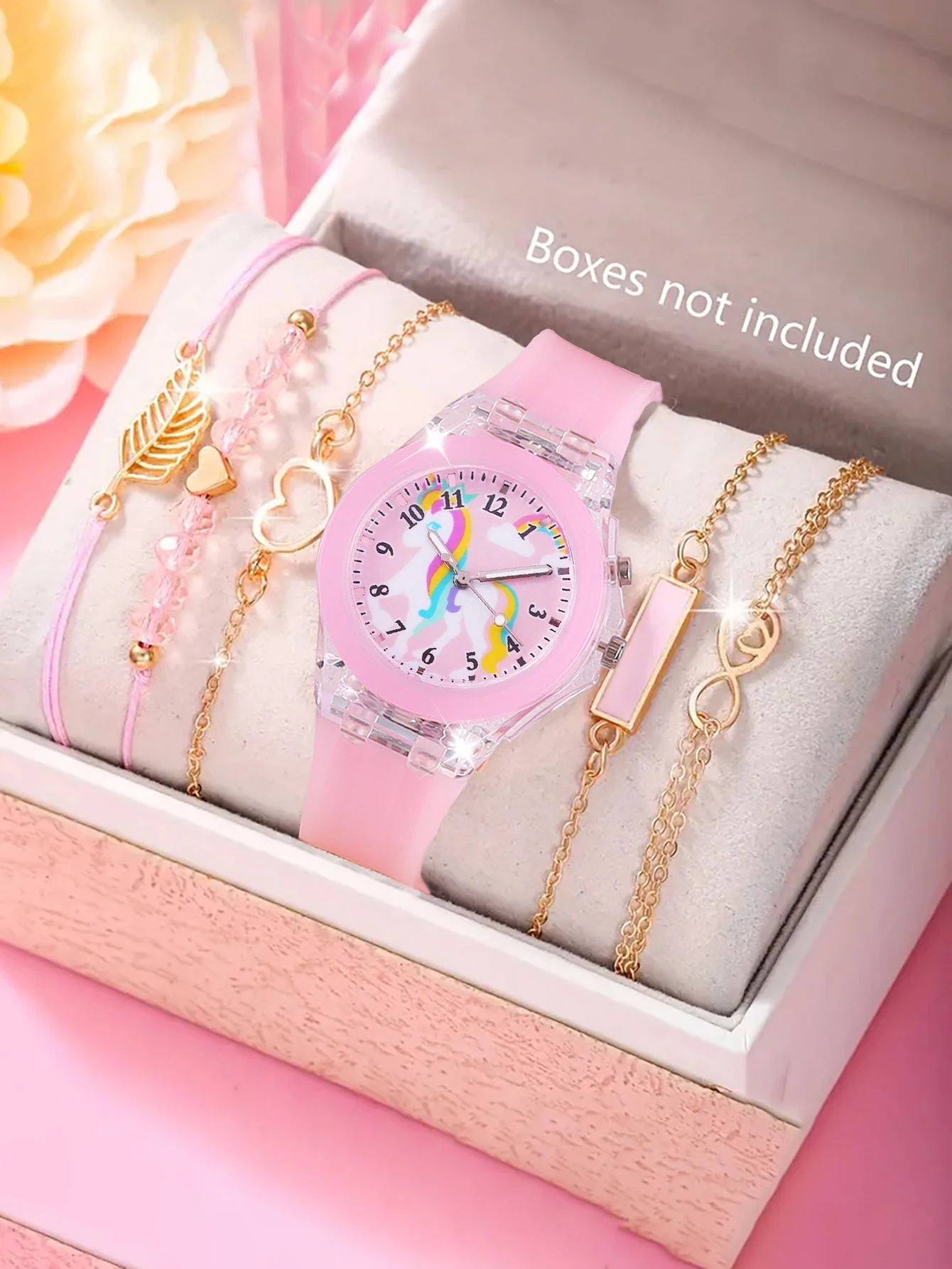 Детский набор наручных часов с силиконовыми кварцевыми часами с единорогом и браслетом с перьями, выделяет свет, не включает коробку
Детский набор наручных часов с силиконовыми кварцевыми часами с единорогом и браслетом с перьями, выделяет свет, не включает коробку