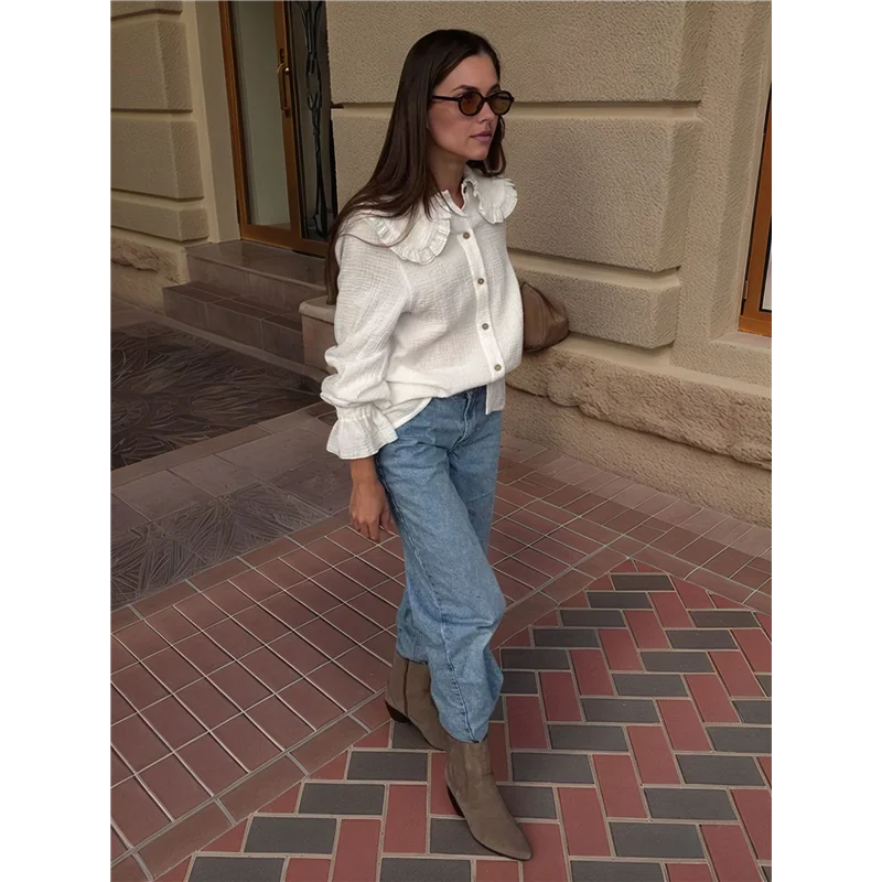 ABP-Женские однотонные повседневные хлопковые модные рубашки с оборками на пуговицах и длинными рукавами с лацканами
ABP-Женские однотонные повседневные хлопковые модные рубашки с оборками на пуговицах и длинными рукавами с лацканами