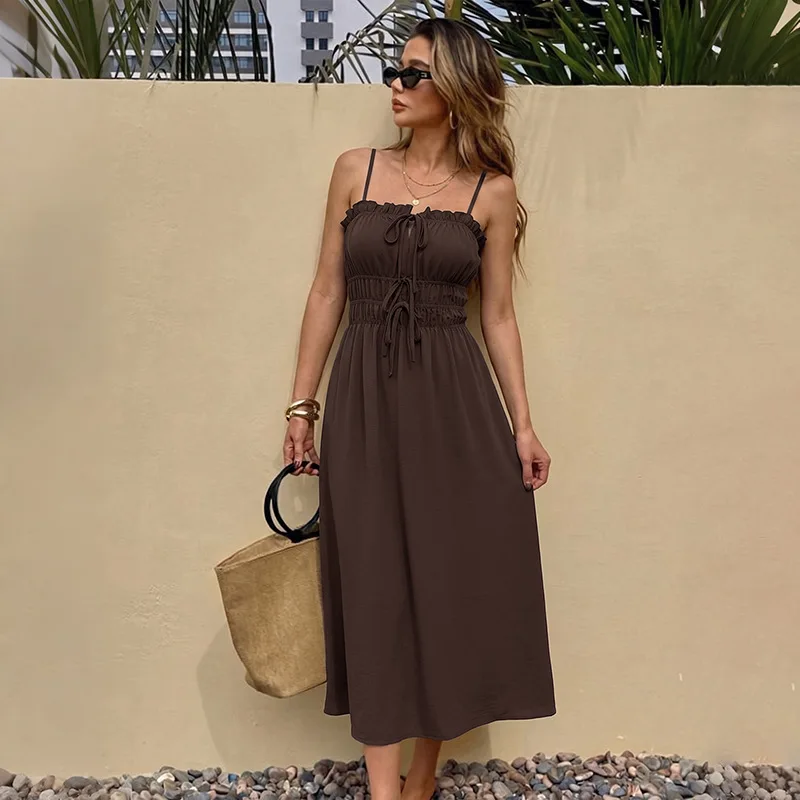 Women's Solid Ruffle Trim Spaghetti Strap Midi Dress Tie Front Shirred Waist Backless Casual Summer Beach Vacation Outfit
Women's Solid Ruffle Trim Spaghetti Strap Midi Dress Tie Front Shirred Waist Backless Casual Summer Beach Vacation Outfit