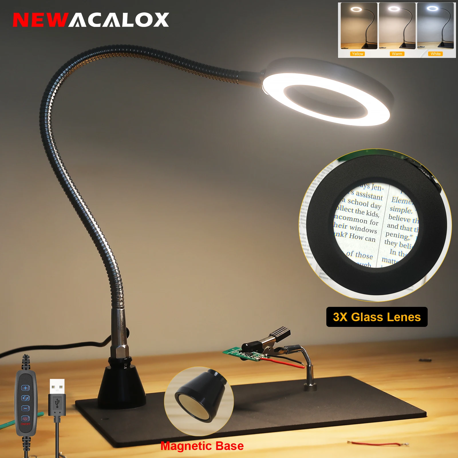 USB 3X Magnifying Glass with 42 SMD LED Light Illuminated Magnifier Strong Magnetic Flexible Arm for Reading Workbench Soldering
USB 3X Magnifying Glass with 42 SMD LED Light Illuminated Magnifier Strong Magnetic Flexible Arm for Reading Workbench Soldering