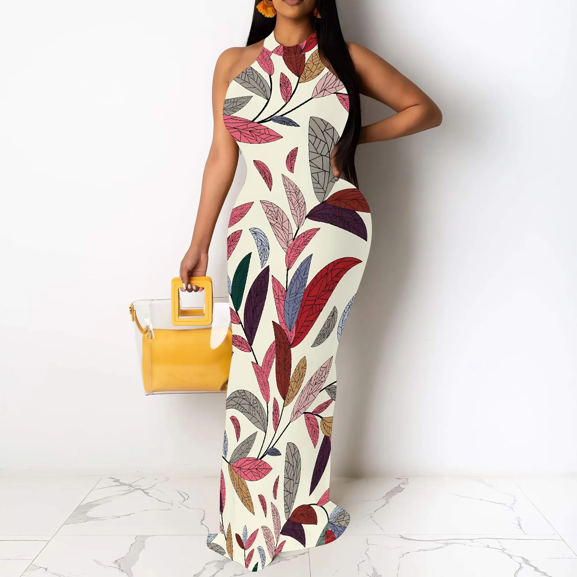 Vintage Leaf Print Halter Neck Maxi Dress for Women Elegant Slim Fit Sleeveless Summer Style
Vintage Leaf Print Halter Neck Maxi Dress for Women Elegant Slim Fit Sleeveless Summer Style