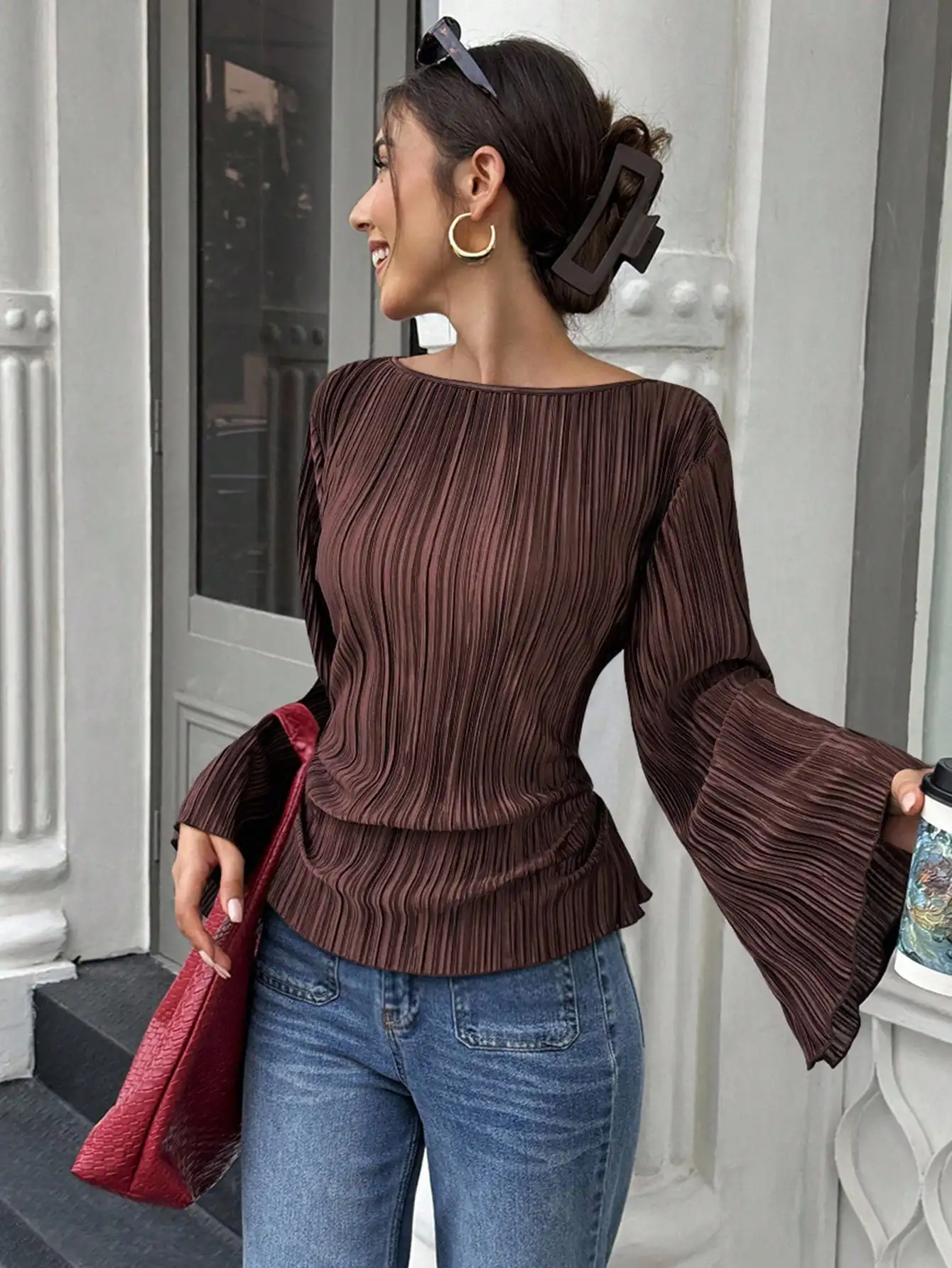 Brown Pleated Long Sleeve Blouse with Flare Cuffs and Cinched Waist
Brown Pleated Long Sleeve Blouse with Flare Cuffs and Cinched Waist