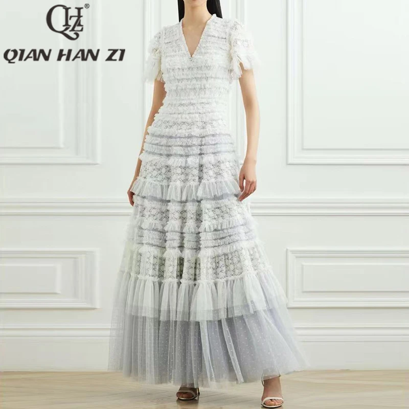QHZ Designer Fashion Vintage Long Dress Women's V-neck Lace splice Dot mesh embroidery Elegant multilayer Ruffle Slim Maxi Dress
QHZ Designer Fashion Vintage Long Dress Women's V-neck Lace splice Dot mesh embroidery Elegant multilayer Ruffle Slim Maxi Dress