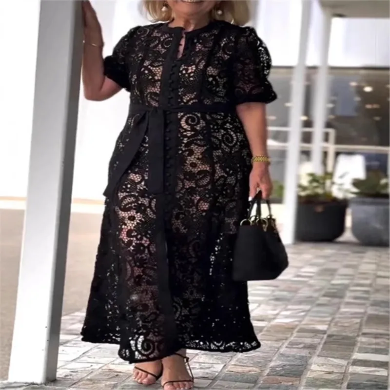 Fashion Short Sleeved Summer Long Dress Sexy Lace Hollow Out Women Party Dress Elegant O-Neck High Waist Tie Up Commuting Dress
Fashion Short Sleeved Summer Long Dress Sexy Lace Hollow Out Women Party Dress Elegant O-Neck High Waist Tie Up Commuting Dress