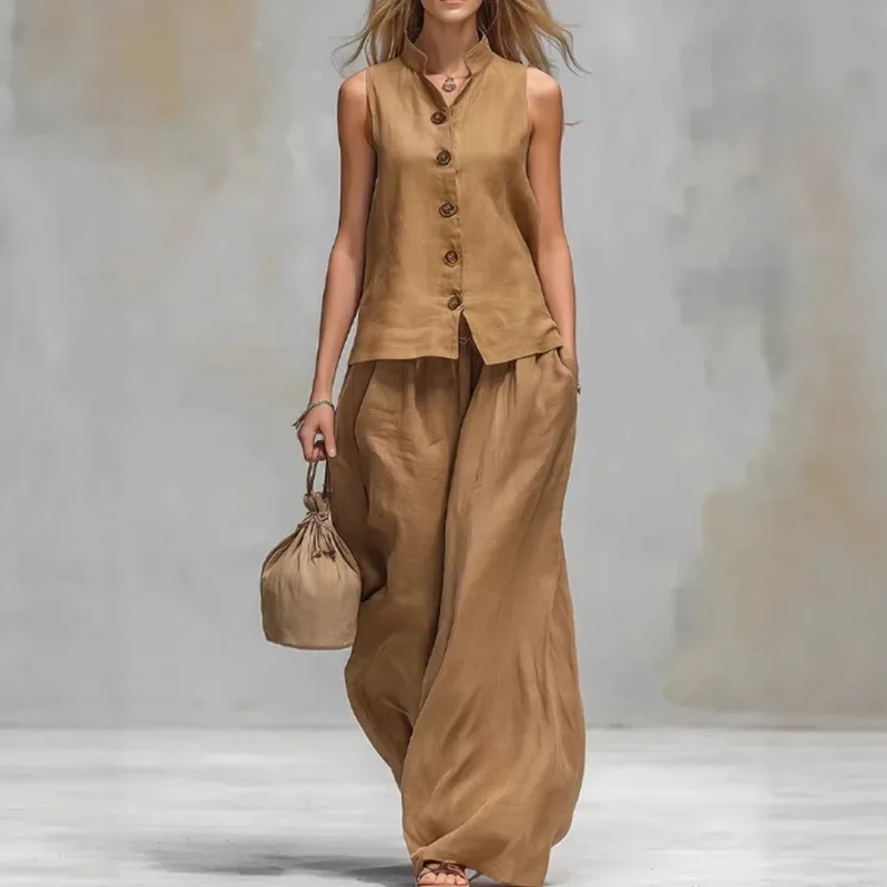 Vestidos Stand Collar Sleeveless Vest Top and Wide Leg Pants Cotton Linen Two Piece Set Summer Women Vest Pants Two Piece Outfit
Vestidos Stand Collar Sleeveless Vest Top and Wide Leg Pants Cotton Linen Two Piece Set Summer Women Vest Pants Two Piece Outfit