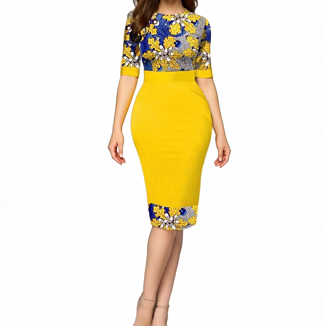 Women's Round Neck Pencil Dress with Retro Printed Stitching Fashion Slim Round Neck Half Sleeve Package Hip Skirt Midi Dresses
Women's Round Neck Pencil Dress with Retro Printed Stitching Fashion Slim Round Neck Half Sleeve Package Hip Skirt Midi Dresses