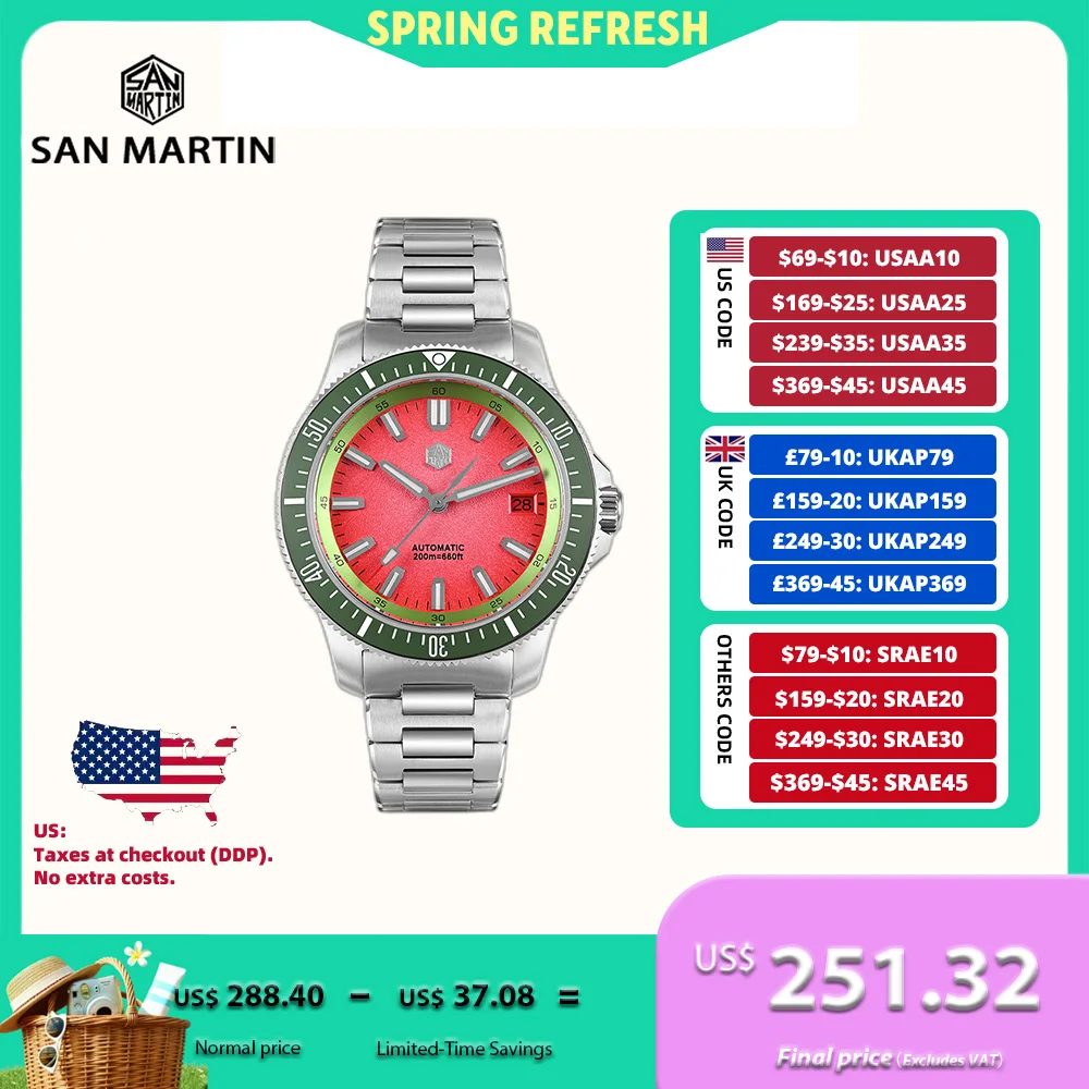 San Martin Original Design 40mm New Fruit Series Men Diver Watch NH35 Mechanical On The Fly Adjust Clasp 20Bar Luminous SN0118B
San Martin Original Design 40mm New Fruit Series Men Diver Watch NH35 Mechanical On The Fly Adjust Clasp 20Bar Luminous SN0118B