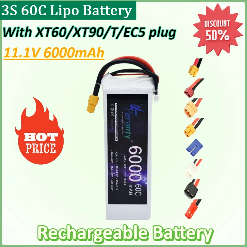 New 3S 60C Lipo Battery 11.1V 6000mAh for Drone RC Car Helicopter Quadcopter Tank Boat Truggy Battery with XT60 XT90 T EC5 plug
New 3S 60C Lipo Battery 11.1V 6000mAh for Drone RC Car Helicopter Quadcopter Tank Boat Truggy Battery with XT60 XT90 T EC5 plug