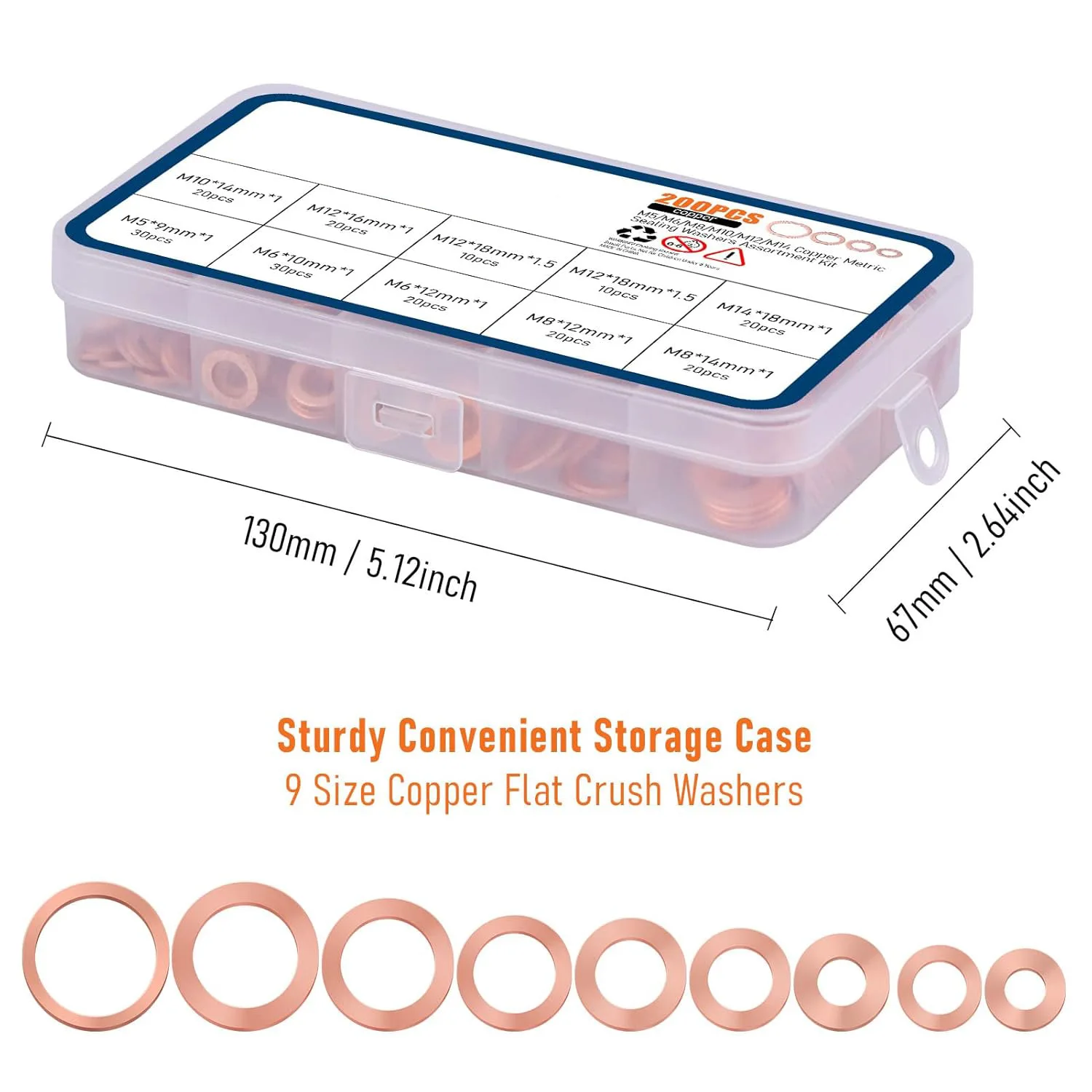 200pcs Flat Copper Washers Set M5/M6/M8/M10/M12/M14 for drain oil plug, Copper Crush Washers Gasket Sealing ring Assortment Kit
200pcs Flat Copper Washers Set M5/M6/M8/M10/M12/M14 for drain oil plug, Copper Crush Washers Gasket Sealing ring Assortment Kit