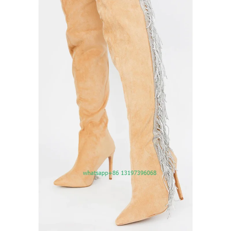 Lady nude color suede tassel chian design boots bling sliver rhinestone chian over the knee boots runway footwear size 35-46
Lady nude color suede tassel chian design boots bling sliver rhinestone chian over the knee boots runway footwear size 35-46