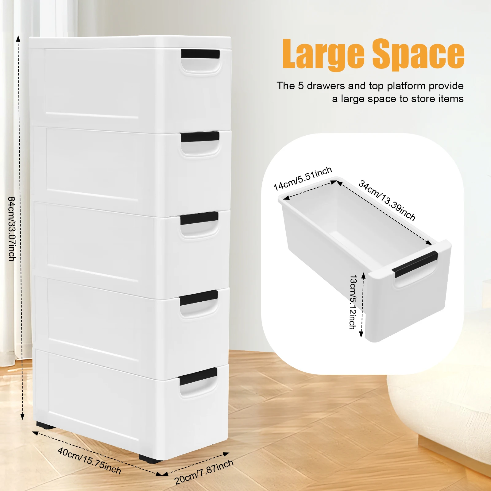 5-Tier Vertical Clothing Storage Cabinet Narrow Plastic Clothing Organizer Tower W/ 4 Wheels Movable Bedroom Wardrobe White
5-Tier Vertical Clothing Storage Cabinet Narrow Plastic Clothing Organizer Tower W/ 4 Wheels Movable Bedroom Wardrobe White