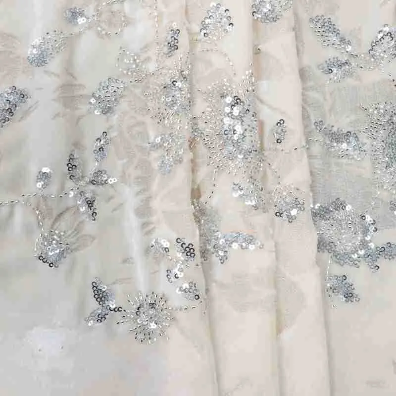 Silver three-dimensional beaded tubes embroidered gold lines woven fabric sequined wedding dress evening women's 
Silver three-dimensional beaded tubes embroidered gold lines woven fabric sequined wedding dress evening women's