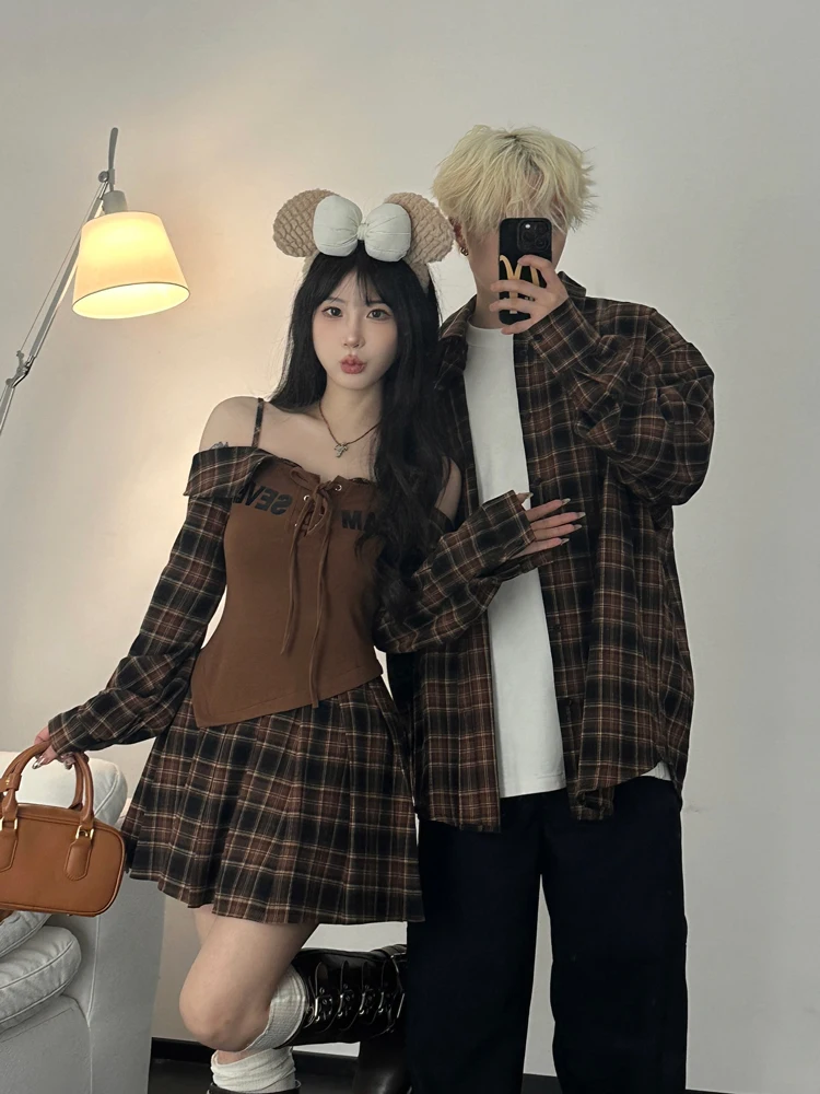 Retro American Plaid Long Sleeve Shirt Couple's Outfit Spring Autumn Slimming Shoulder Bared Dress One Skirt One Dress
Retro American Plaid Long Sleeve Shirt Couple's Outfit Spring Autumn Slimming Shoulder Bared Dress One Skirt One Dress