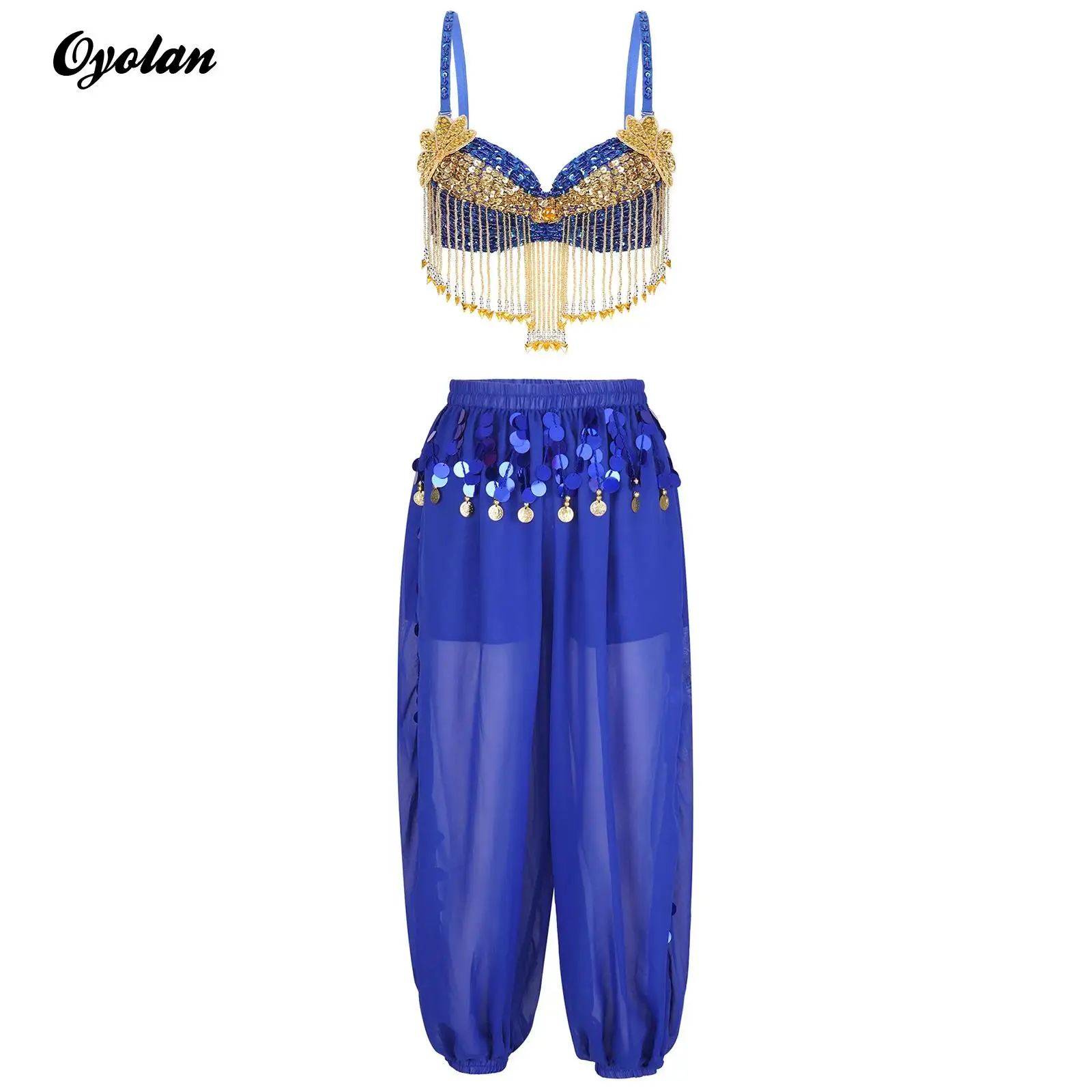 Womens Belly Dance Outfit Halloween Costume Sparkly Sequins Tops Beaded Tassels Underwired Bra with Side Split Bloomers Pants
Womens Belly Dance Outfit Halloween Costume Sparkly Sequins Tops Beaded Tassels Underwired Bra with Side Split Bloomers Pants