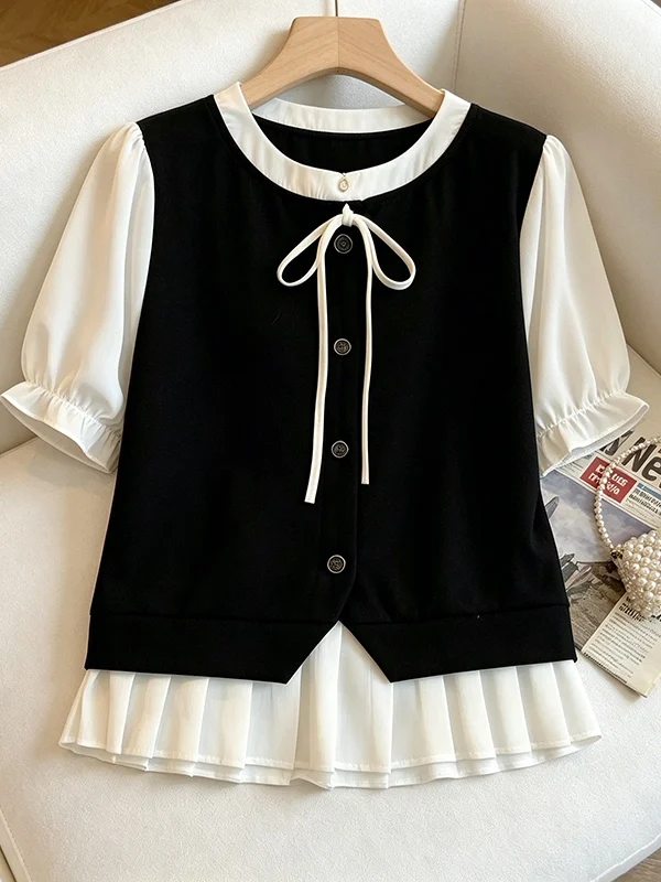 Summer 2026 plus Size Women's Shirt Knot Color Block Short Sleeve Fashionable Versatile Slimming Fake Two-Piece Blouse
Summer 2026 plus Size Women's Shirt Knot Color Block Short Sleeve Fashionable Versatile Slimming Fake Two-Piece Blouse
