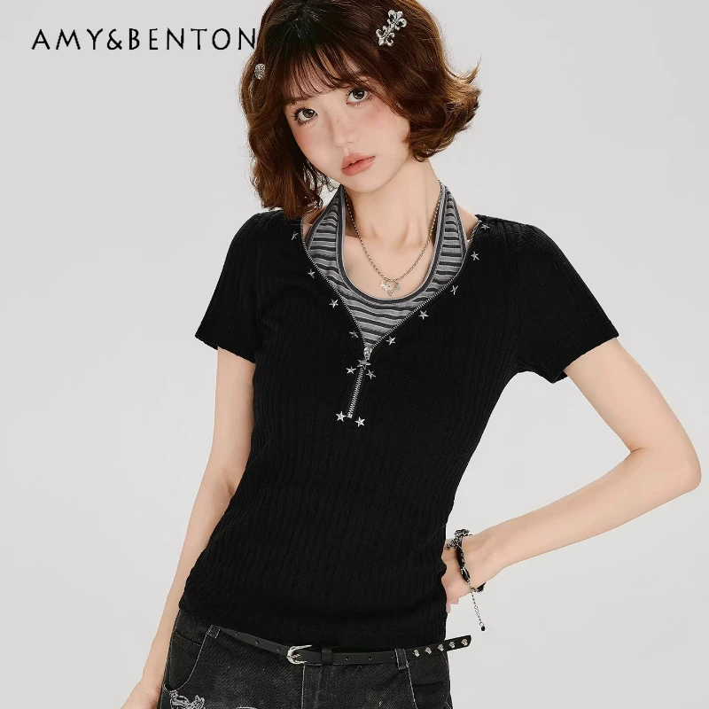 American Retro Design Black Halter Faux Two-piece Women's Top 2026 Summer New Sweet Cool Versatile Short-sleeve T-shirt Ladies
American Retro Design Black Halter Faux Two-piece Women's Top 2026 Summer New Sweet Cool Versatile Short-sleeve T-shirt Ladies