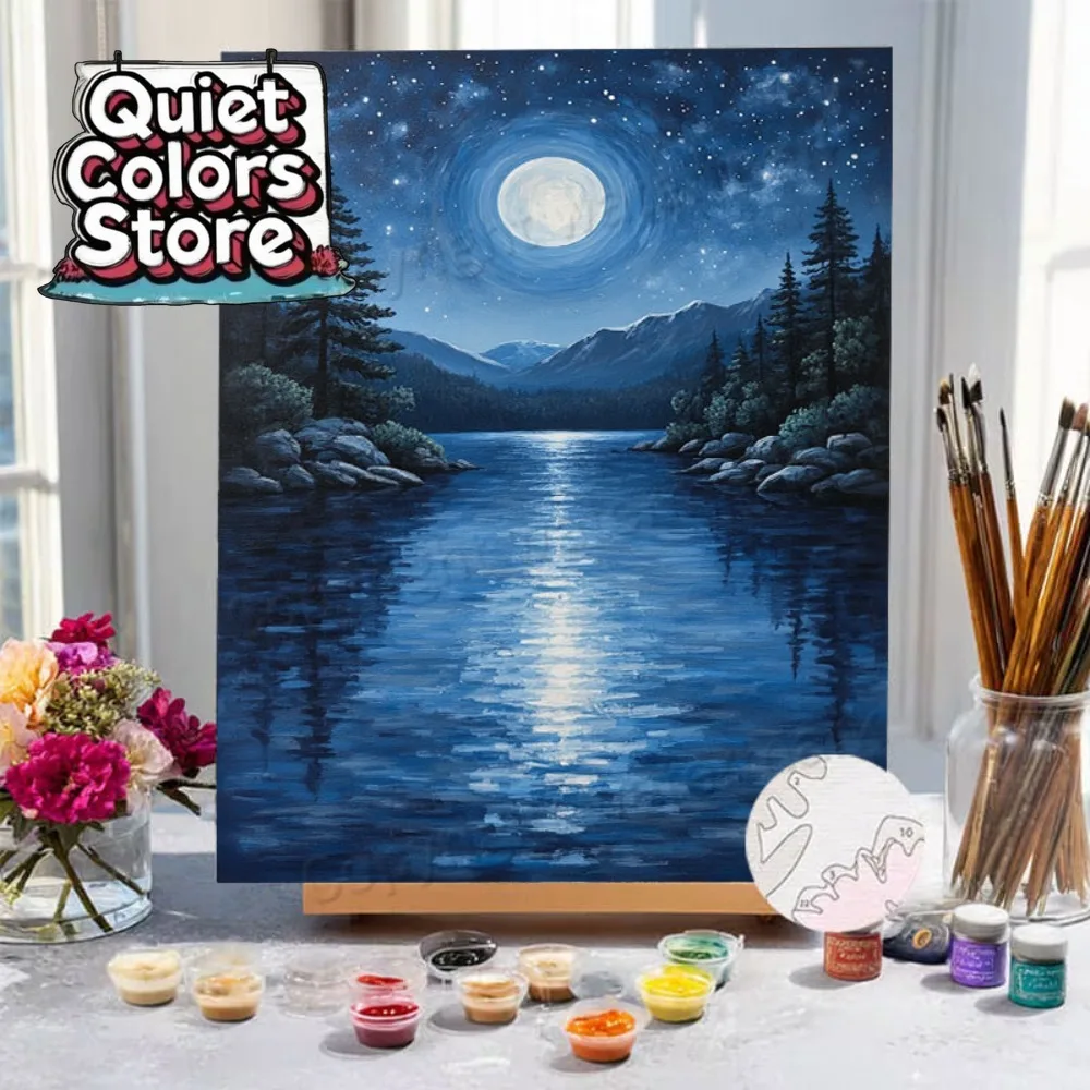 Набор для цифровой живописи (Quiet Colors Store), 2D-картина маслом для начинающих, «Спокойная звездная ночь» с лунным освещением озера
Набор для цифровой живописи (Quiet Colors Store), 2D-картина маслом для начинающих, «Спокойная звездная ночь» с лунным освещением озера