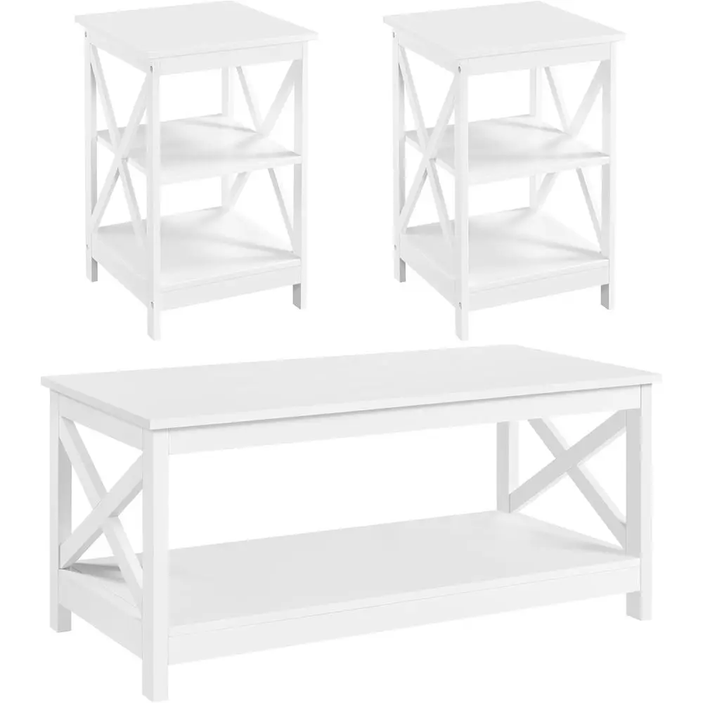 3 Piece Living Room Wood Table Set, X-Design Coffee Table with Shelf & 2 x 3-Tier End Side Tables Storage Cabinet, White
3 Piece Living Room Wood Table Set, X-Design Coffee Table with Shelf & 2 x 3-Tier End Side Tables Storage Cabinet, White