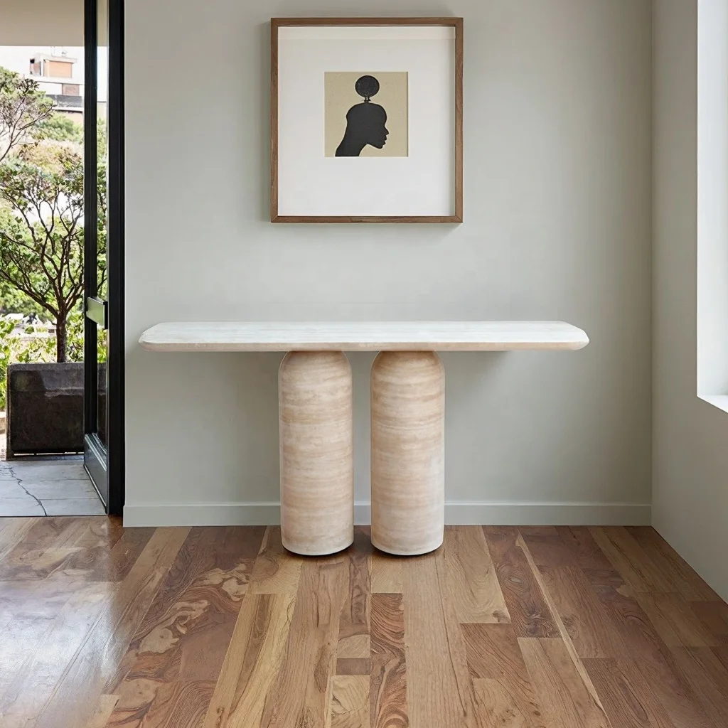Design Column Console Table Entryway Arch Shape with Limestone Block Travertine Home Furniture