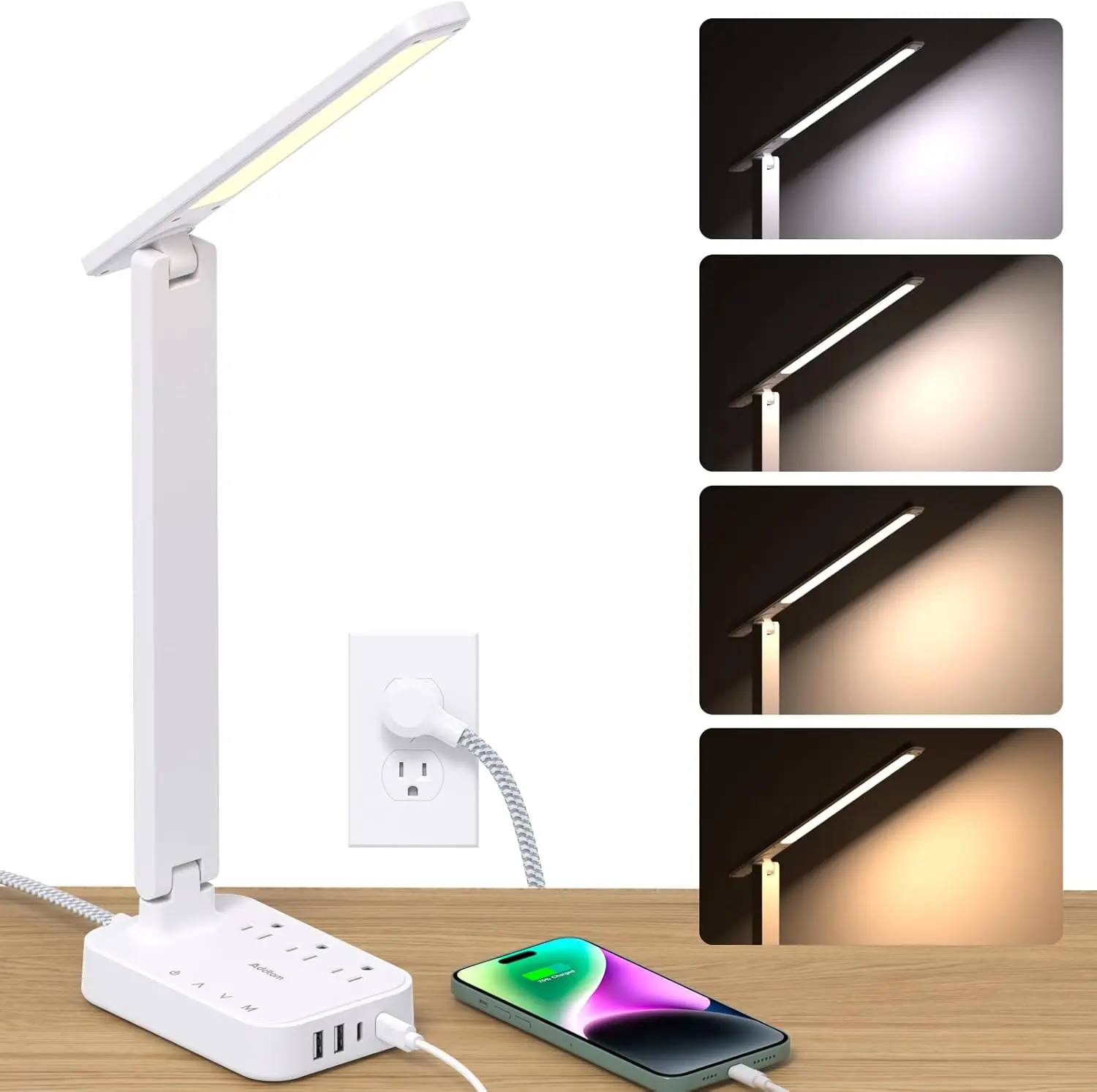 Светодиодная настольная лампа с 3 розетками, 4 порта USB (2 USB-C), сенсорное управление, 4 режима яркости, белый
Светодиодная настольная лампа с 3 розетками, 4 порта USB (2 USB-C), сенсорное управление, 4 режима яркости, белый