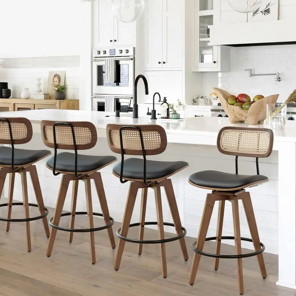4-Piece Rattan Swivel Bar Stools with Leather Seats and Wooden Legs for Kitchen/Dining Area, Black PU
4-Piece Rattan Swivel Bar Stools with Leather Seats and Wooden Legs for Kitchen/Dining Area, Black PU
