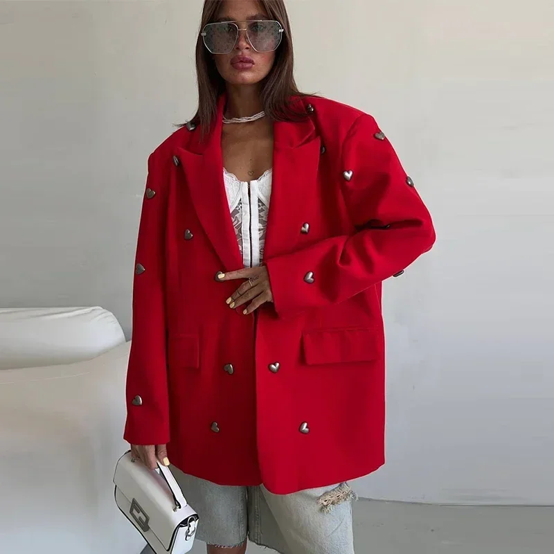 Fashion Women's Heart Rivet Blazer Loose Shoulder Pads Lapel Single Breasted Long Sleeve Jacket 2025 Autumn Lady Commute Outwear
Fashion Women's Heart Rivet Blazer Loose Shoulder Pads Lapel Single Breasted Long Sleeve Jacket 2025 Autumn Lady Commute Outwear