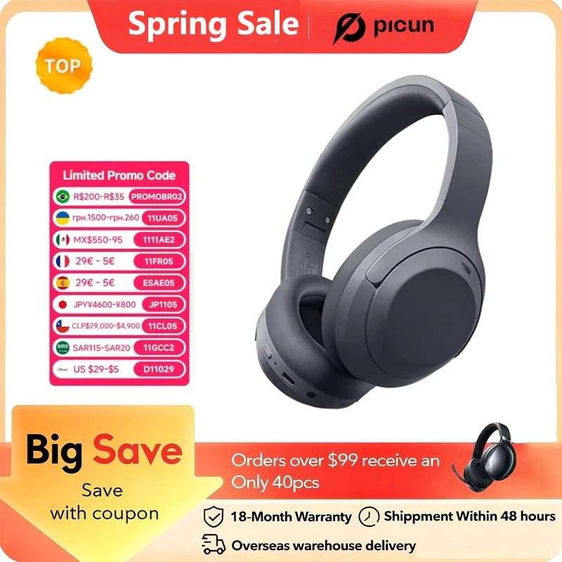 Picun F1 ANC Wireless Bluetooth 5.4 Hi-FI Audio Headphones 43dB Adaptive Noise Cancelling Headsets 40mm Driver 80H Playtime APP
Picun F1 ANC Wireless Bluetooth 5.4 Hi-FI Audio Headphones 43dB Adaptive Noise Cancelling Headsets 40mm Driver 80H Playtime APP
