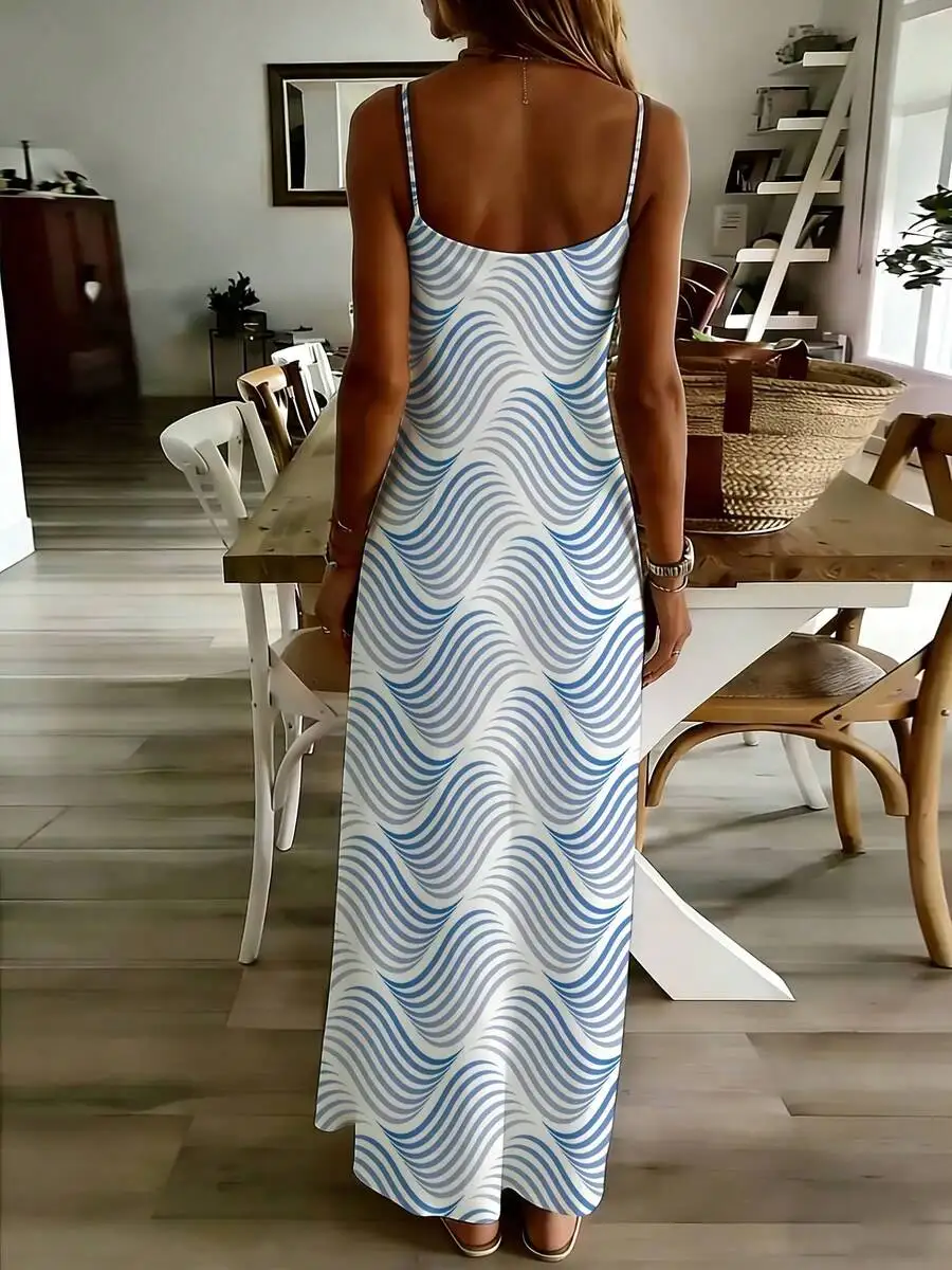 Blue And White Wave Print Spaghetti Strap Maxi Dress V Neck Flowing Summer Dress For Women
Blue And White Wave Print Spaghetti Strap Maxi Dress V Neck Flowing Summer Dress For Women