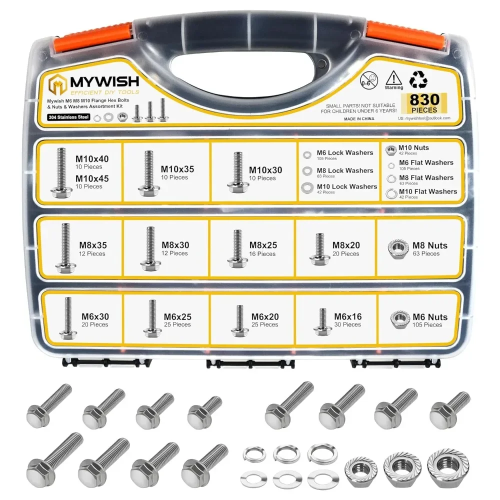 830 Piece Metric Flange Bolt Kit M6 M8 M10 with Serrated Nuts Flat and Spring Washers Stainless Steel
830 Piece Metric Flange Bolt Kit M6 M8 M10 with Serrated Nuts Flat and Spring Washers Stainless Steel