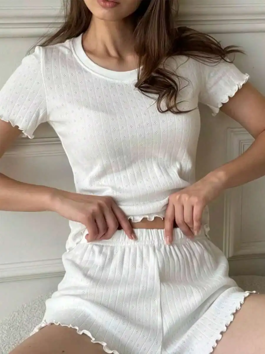 Womens Jacquard Ruffle Trim Short Sleeve Shorts Two Piece Pajama Set Casual Minimalist Round Neck Loungewear Summer
Womens Jacquard Ruffle Trim Short Sleeve Shorts Two Piece Pajama Set Casual Minimalist Round Neck Loungewear Summer