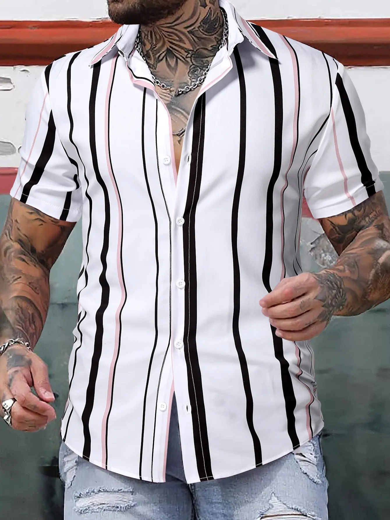 Men's Short Sleeve Button-Front Striped Casual Shirt in White, Black & Pink
Men's Short Sleeve Button-Front Striped Casual Shirt in White, Black & Pink