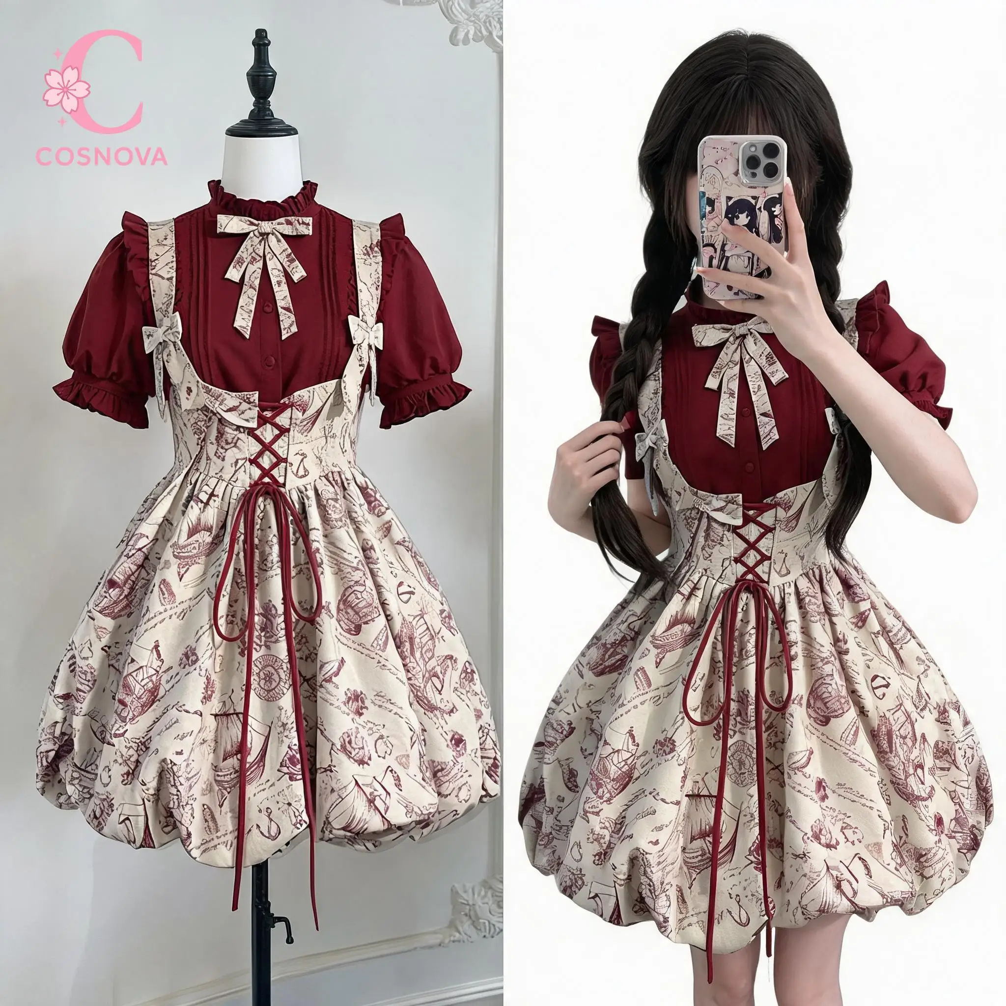 Sweet Lolita Anchor Print Burgundy Ruffle Puff Sleeve Blouse Suspender Cake Skirt 2 Piece Set For Women Girls Tea Party Cosplay
Sweet Lolita Anchor Print Burgundy Ruffle Puff Sleeve Blouse Suspender Cake Skirt 2 Piece Set For Women Girls Tea Party Cosplay