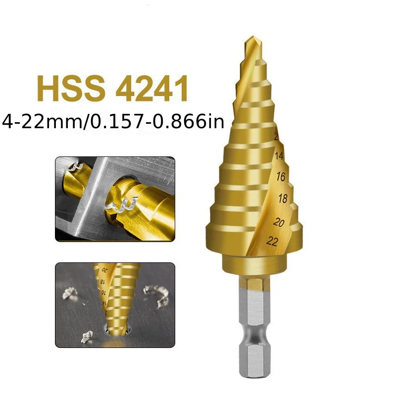 1pc Golden Titanium Step Drill Bit 4-22mm, hexagonal spiral design. Durable drilling power tool, fits wood, metal, stone, high p
1pc Golden Titanium Step Drill Bit 4-22mm, hexagonal spiral design. Durable drilling power tool, fits wood, metal, stone, high p