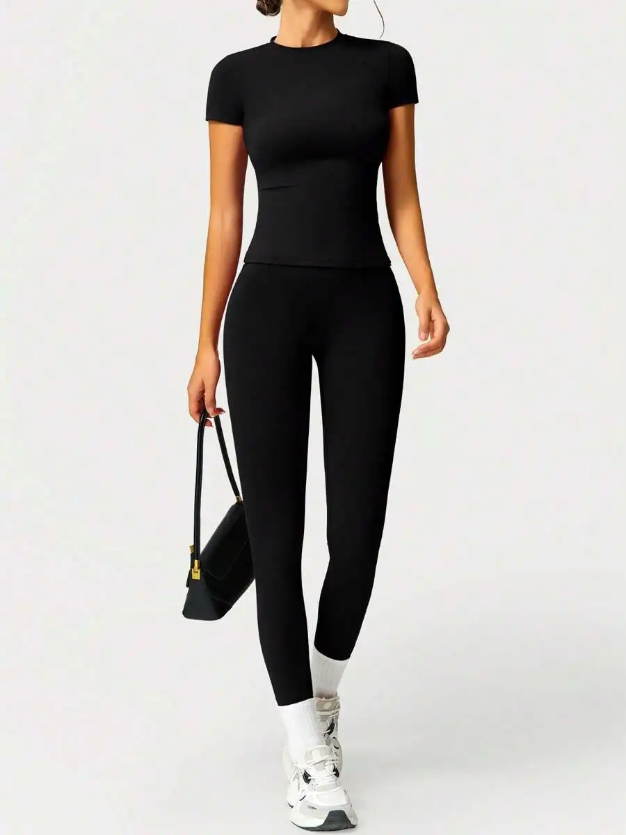 2pcs Set Women Soft Moisture Wicking Crew Neck Short Sleeve Top And Stretch Yoga Pants Black
2pcs Set Women Soft Moisture Wicking Crew Neck Short Sleeve Top And Stretch Yoga Pants Black