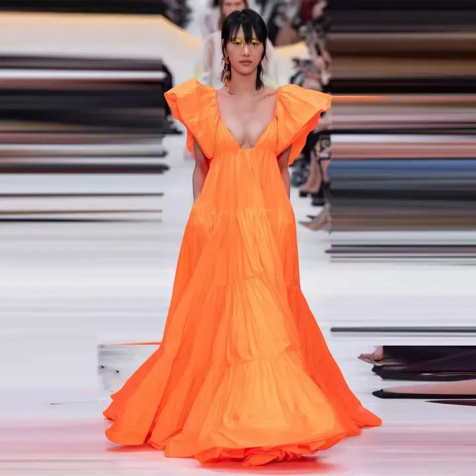 Sexy V Neckline Satin Long Prom Gowns Newest Orange Women Dresses Ruffle Shoulder Pleated Personalize
Sexy V Neckline Satin Long Prom Gowns Newest Orange Women Dresses Ruffle Shoulder Pleated Personalize