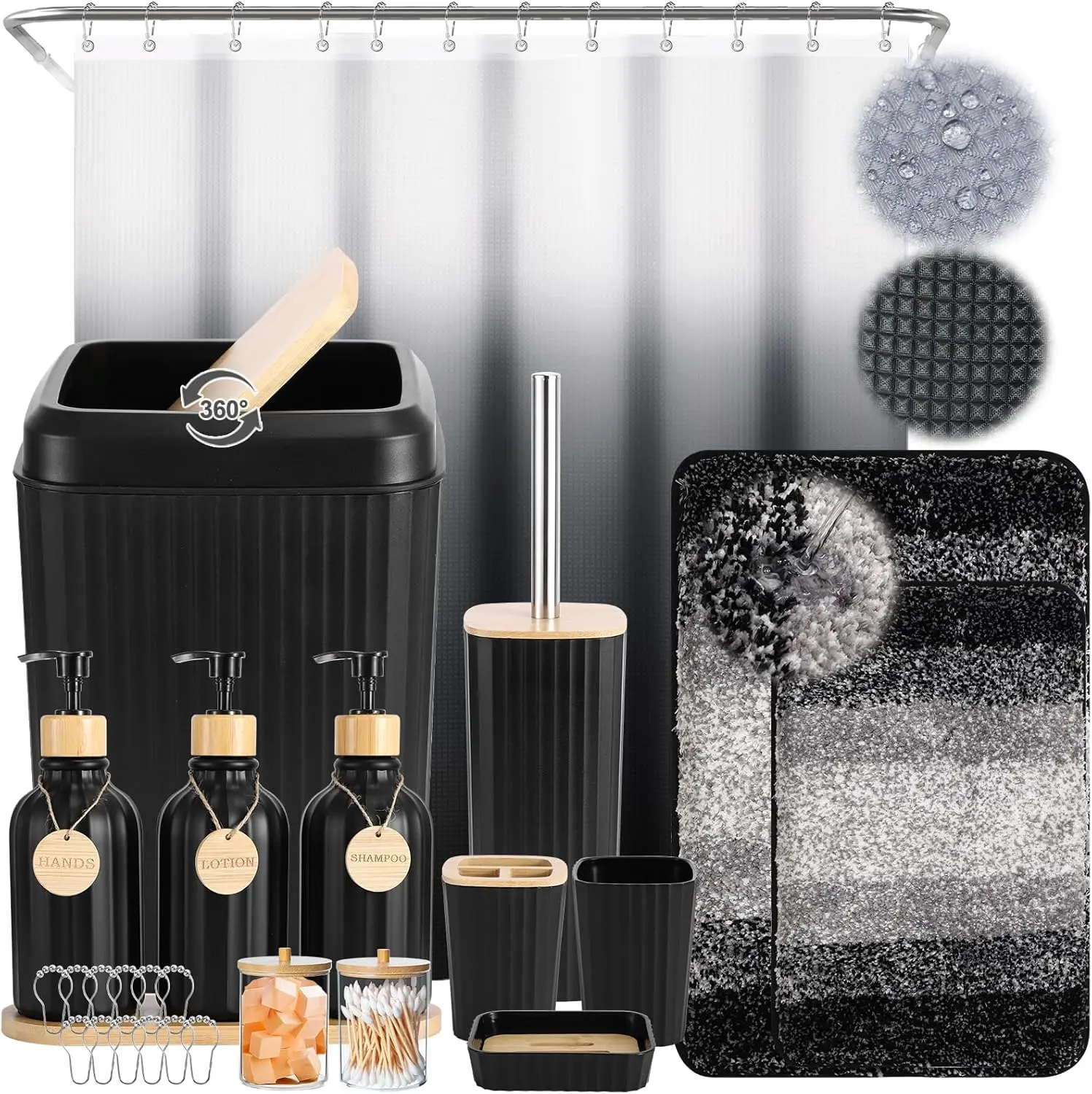 32PCS Bathroom Set. Shower Curtain, Rugs. Black Accessories. Trash Can. Stylish Decor.
32PCS Bathroom Set. Shower Curtain, Rugs. Black Accessories. Trash Can. Stylish Decor.