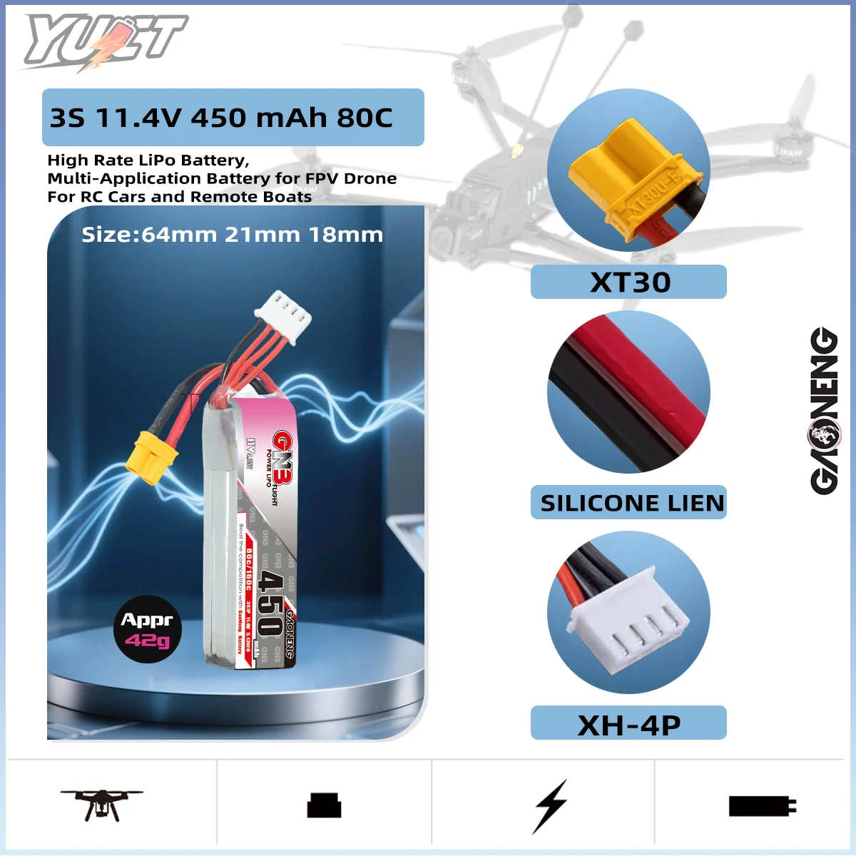 YUCT GNB 2S LiPo аккумулятор 450 мАч LiHV 7,6 В XT30 80C/Max160C 7,4 В литиевая батарея для FPV дрона квадрокоптер части дрона
YUCT GNB 2S LiPo аккумулятор 450 мАч LiHV 7,6 В XT30 80C/Max160C 7,4 В литиевая батарея для FPV дрона квадрокоптер части дрона