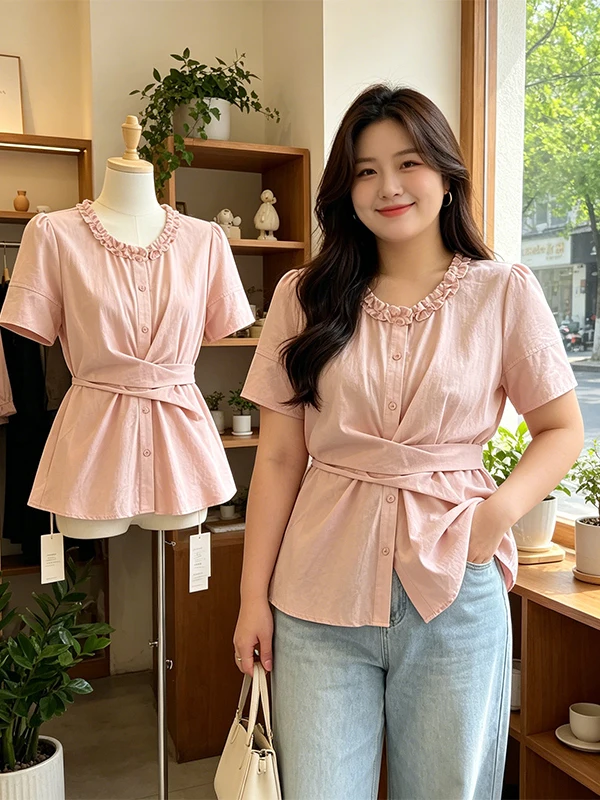 plus Size Knot Waist Shirt Women's round Neck Gentle Mature Retro Slimming Top Summer 2026 Wooden Ear Design Casual Commute
plus Size Knot Waist Shirt Women's round Neck Gentle Mature Retro Slimming Top Summer 2026 Wooden Ear Design Casual Commute