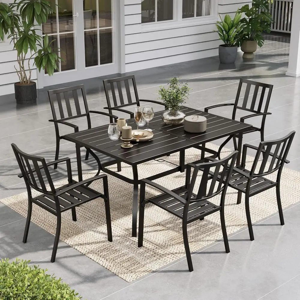 7-Piece Outdoor Dining Set with 60.2 Metal Table and Umbrella Hole, 6 Stackable Chairs, 300LB Capacity - Black
7-Piece Outdoor Dining Set with 60.2 Metal Table and Umbrella Hole, 6 Stackable Chairs, 300LB Capacity - Black