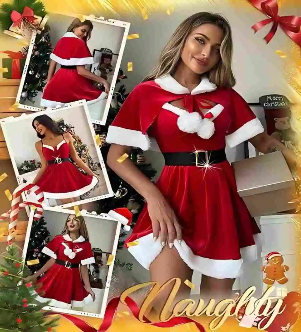 Sexy low-cut red Christmas dress with a cozy plush cape. Perfect for festive parties!
Sexy low-cut red Christmas dress with a cozy plush cape. Perfect for festive parties!