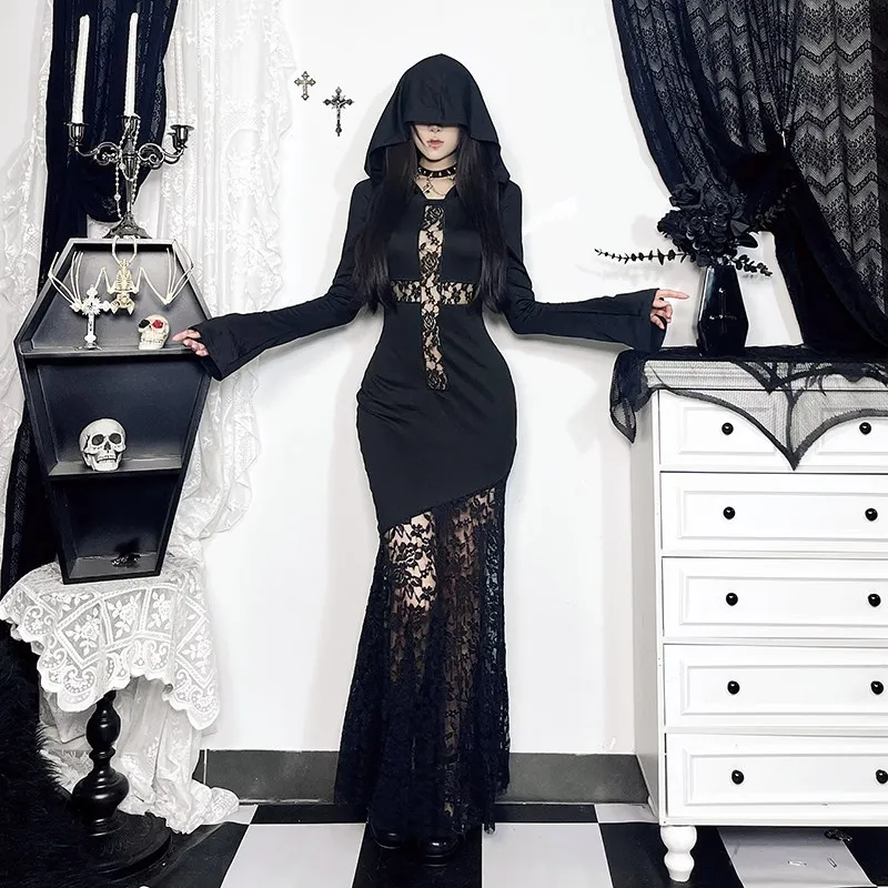 Halloween Cross Hollow Splicing Long Sleeve Dress Black Slim Sexy Retro Waist Cinched Long Dress Gothic Style Oxford Fabric
Halloween Cross Hollow Splicing Long Sleeve Dress Black Slim Sexy Retro Waist Cinched Long Dress Gothic Style Oxford Fabric
