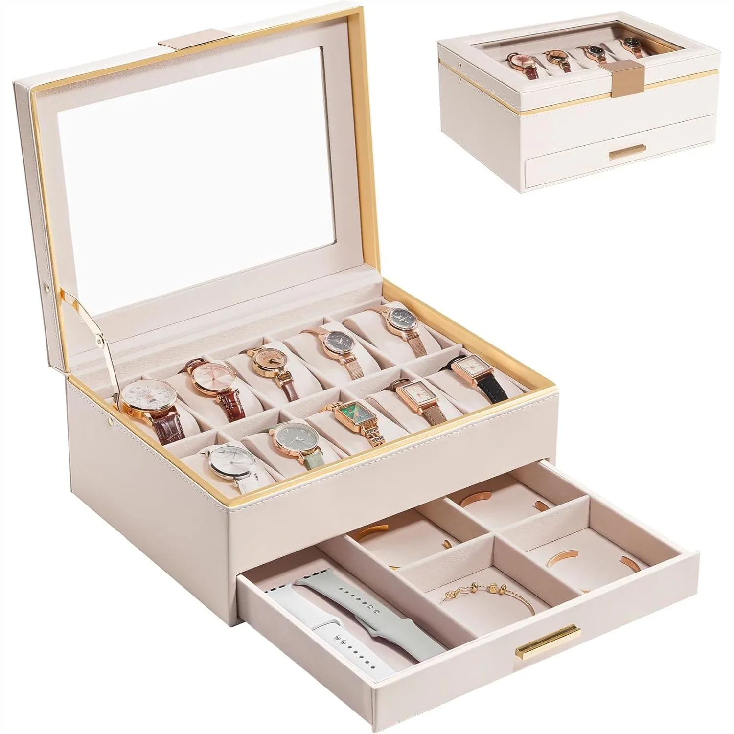 10 Slot Watch Display Case with Drawer, 2-Layer Watch Box Organizer for Women, Glass Lid Storage for Watches and Jewelry, Beige
10 Slot Watch Display Case with Drawer, 2-Layer Watch Box Organizer for Women, Glass Lid Storage for Watches and Jewelry, Beige