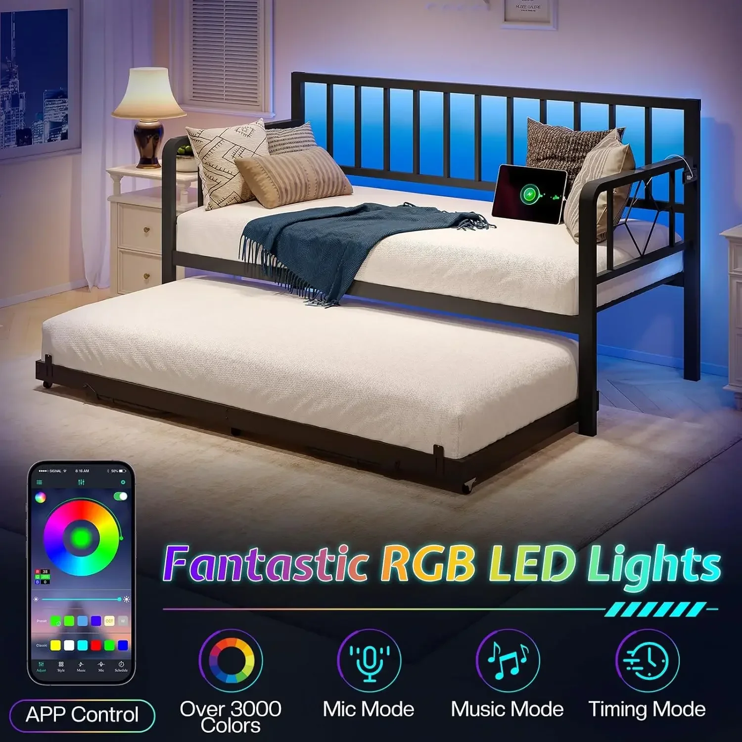 XMSJ*Twin Daybed with Charging Station and LED Lights, Versatile Bed Frame with Steel Slats Support, Daybed with Trundle, Black
XMSJ*Twin Daybed with Charging Station and LED Lights, Versatile Bed Frame with Steel Slats Support, Daybed with Trundle, Black