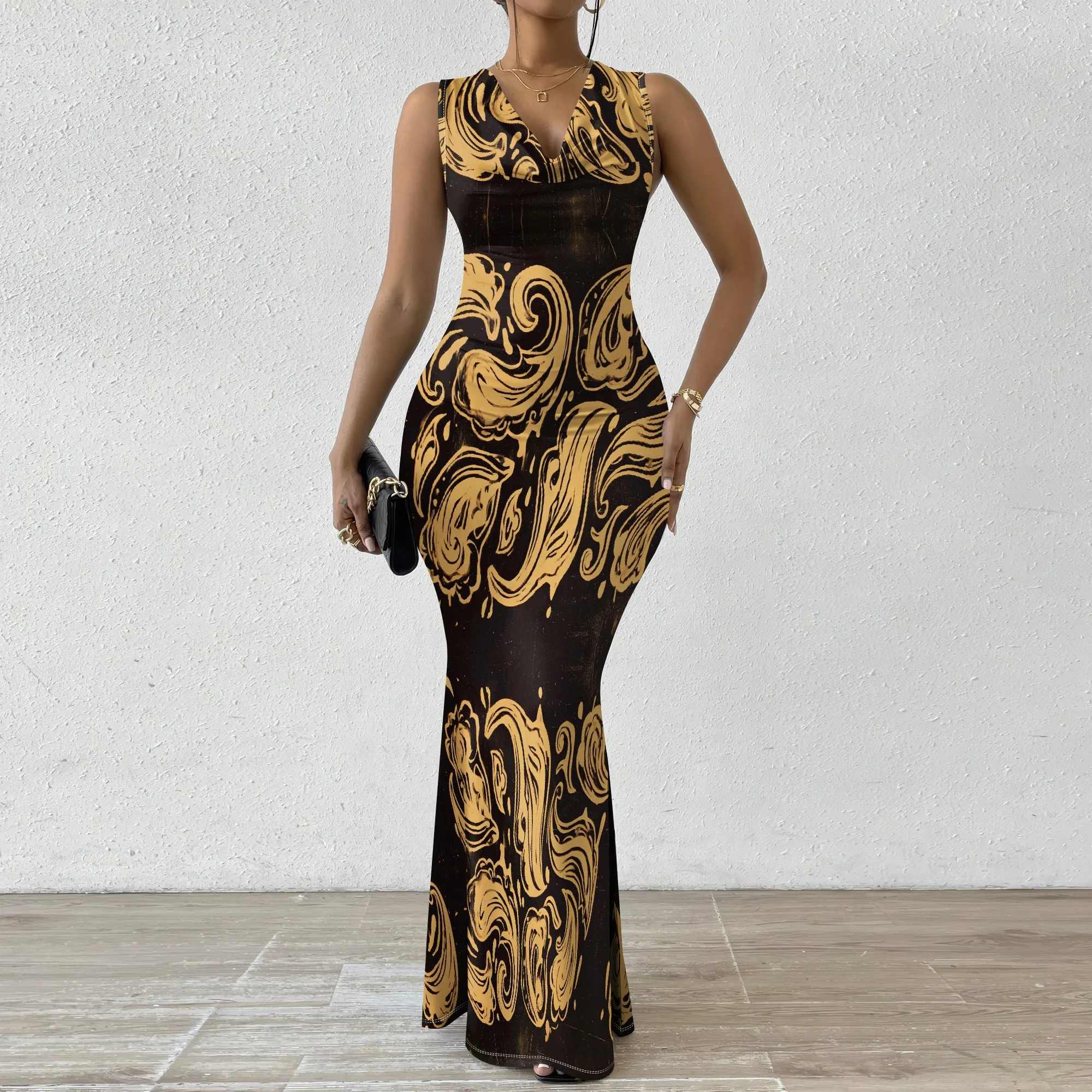 Gold Ink Marble Print Maxi Dress XS‑2XL Sleeveless Cowl Neck Bodycon Style for Evening Party, Elegant Dinner or Gallery Look
Gold Ink Marble Print Maxi Dress XS‑2XL Sleeveless Cowl Neck Bodycon Style for Evening Party, Elegant Dinner or Gallery Look