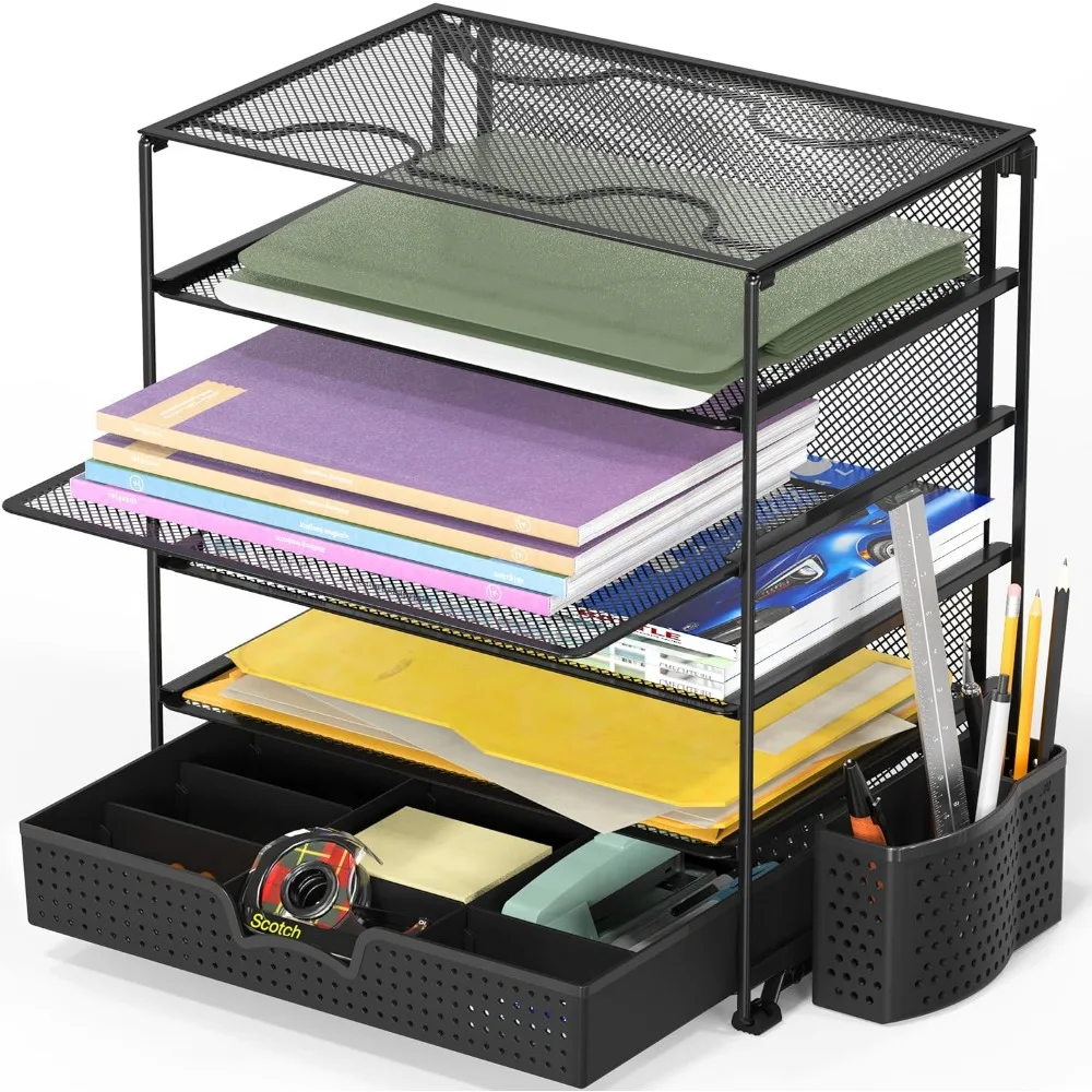 5-tier document file tray with supplies sliding drawer and pen bucket, black
5-tier document file tray with supplies sliding drawer and pen bucket, black